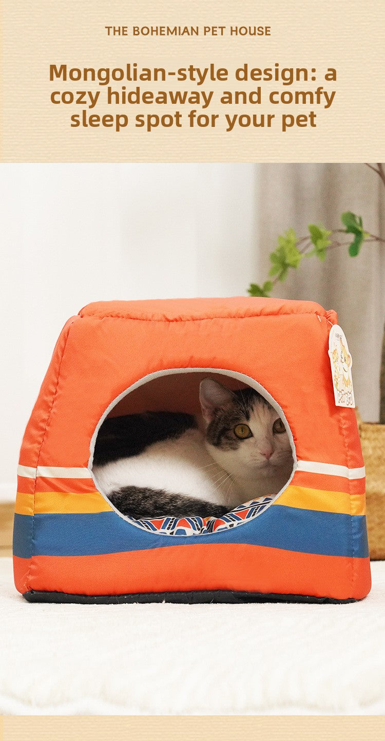 Cozy Enclosed Cat House: Winter Warm & Foldable 2-in-1 Pet Villa Bed for Cats and Dogs (All Seasons)